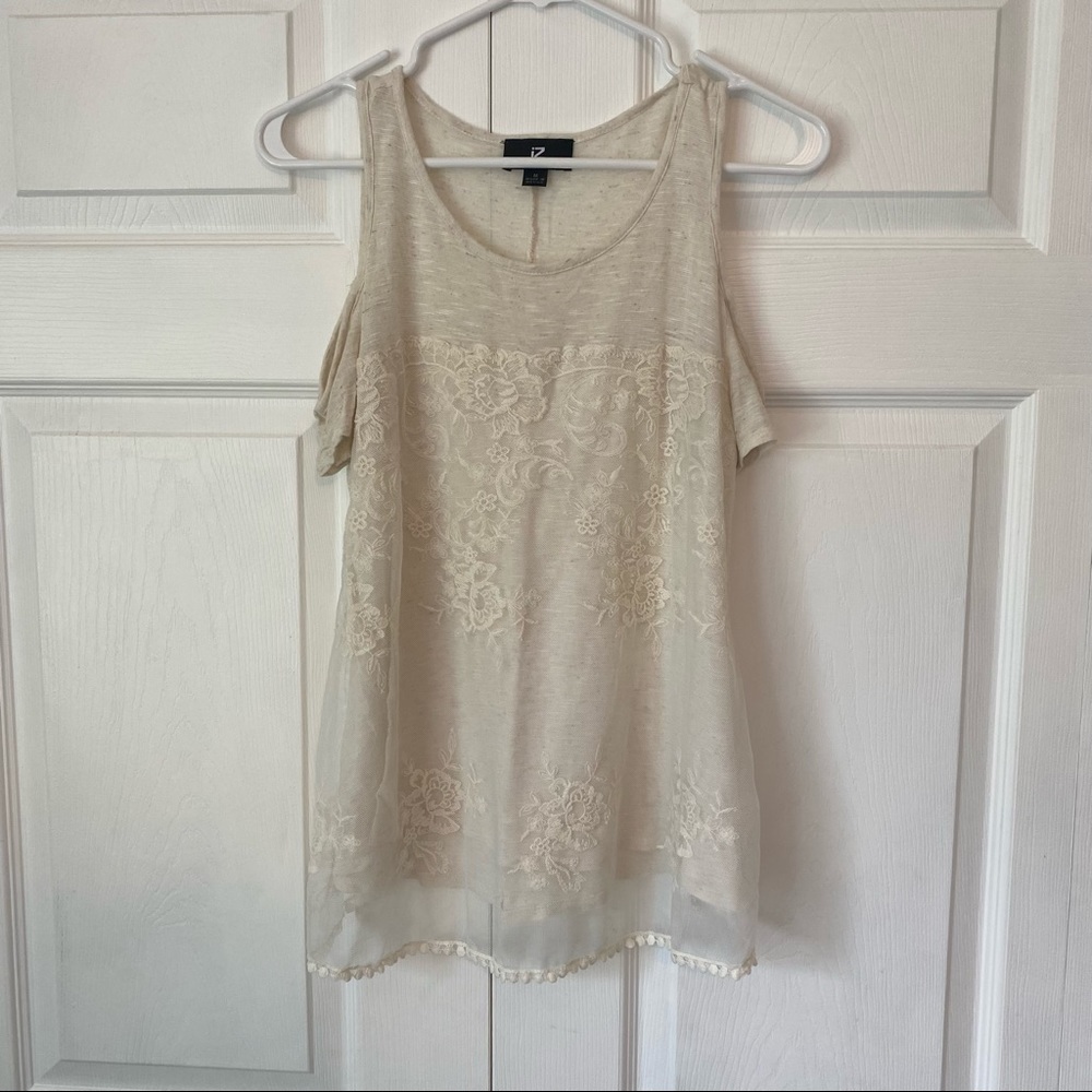 cream cold-shoulder top with pretty lace